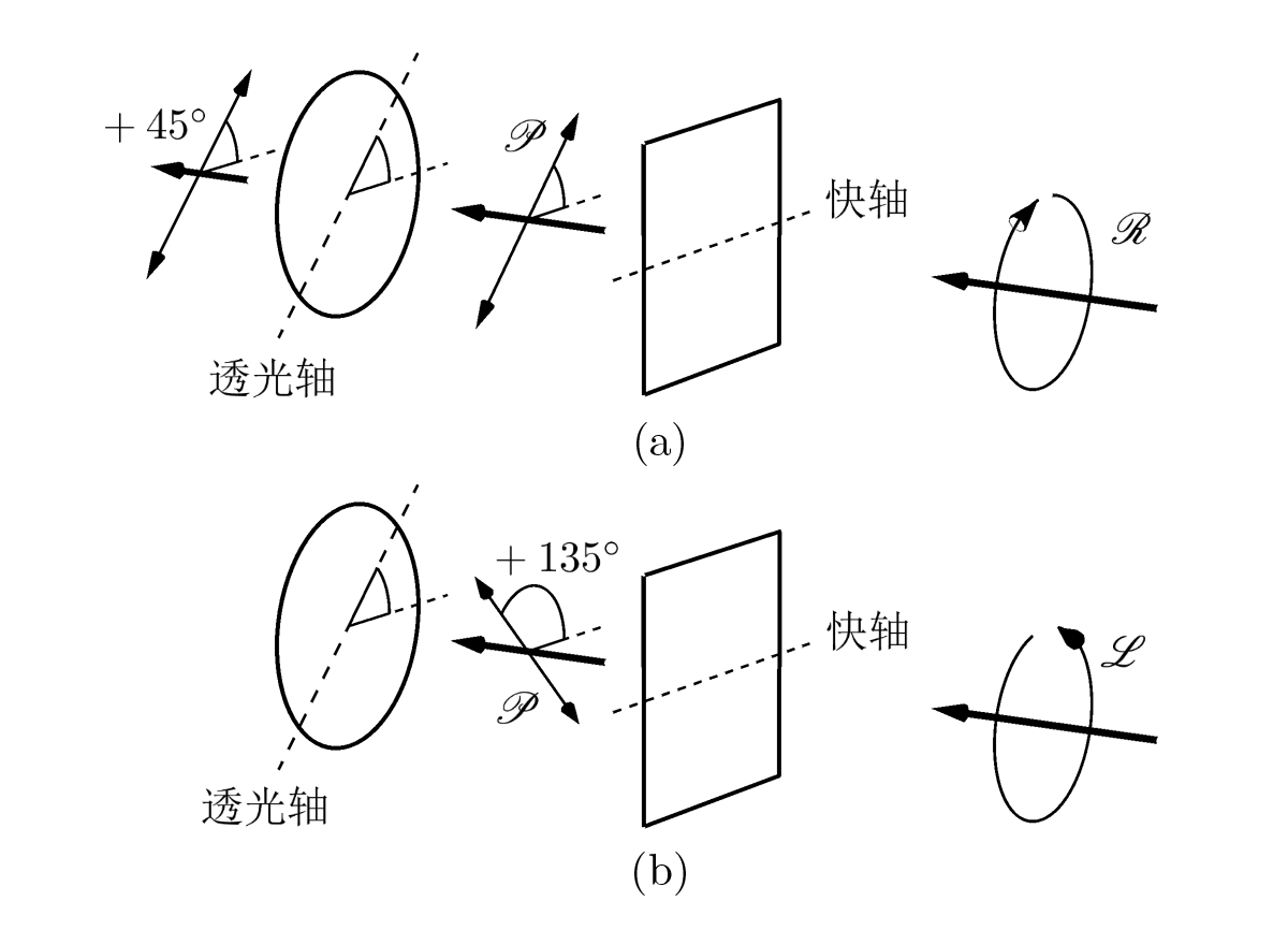 [ 图 4 ] 一束光依次经过快轴水平的四分之一波片（方形器件）和 +45° 线偏振器（圆形器件）。(a) ℛ 态光经过四分之一波片后线偏振方向平行于线偏振器的透光轴，可以透过。(b) ℒ 态光经过四分之一波片后线偏振方向垂直于线偏振器的透光轴，无法透过。