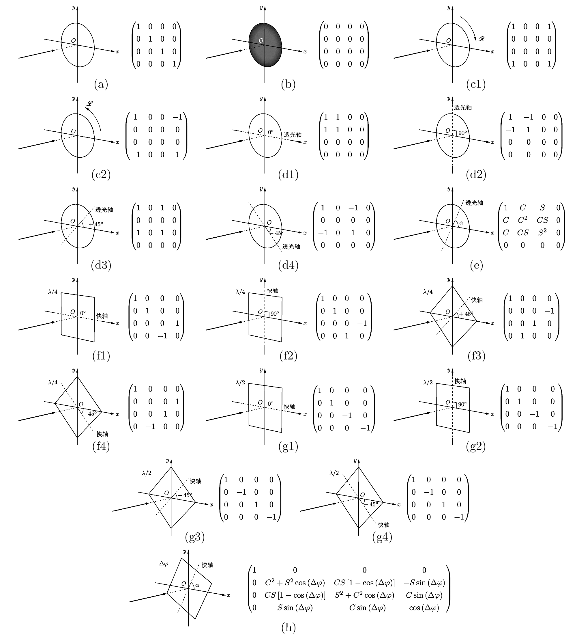 [ 图 6 ] 常见理想偏振器件的 Mueller 矩阵。其中，各向同性滤光片和所有的波片（推迟器）振幅因子为 1 ，所有的线起偏器振幅因子为 1/2 ，圆起偏器的振幅因子也为 1/2（圆起偏器由线起偏器和四分之一波片组成），只是这里把振幅因子略去了。(a) 完全透明。(b) 完全不透明。(c1) 右圆光起偏器。(c2) 左圆光起偏器。(d1) 线起偏器，透光轴水平。(d2) 线起偏器，透光轴竖直。(d3) +45° 线起偏器。(d4) -45° 线起偏器。(e) 线起偏器，透光轴呈角度 α 。(f1) 四分之一波片，快轴水平。(f2) 四分之一波片，快轴竖直。(f3) 四分之一波片，快轴呈 +45° 。(f4) 四分之一波片，快轴呈 -45° 。(g1) 半波片，快轴水平。(g2) 半波片，快轴竖直。(g3) 半波片，快轴呈 +45° 。(g4) 半波片，快轴呈 -45° 。(h) 推迟量为 Δφ 的波片，快轴呈角度 α 。