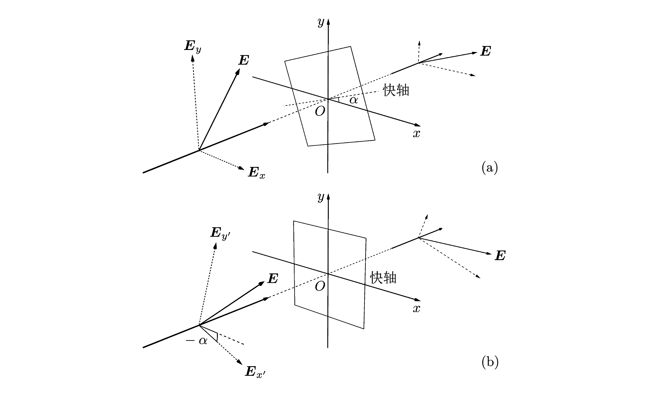 [ 图 10 ] (a) 光透过快轴与水平方向呈角度 α 的四分之一波片。(b) 相当于波片快轴保持水平，光相对于波片反方向旋转角度 α 。